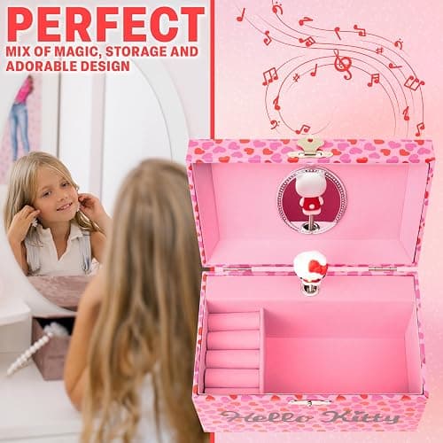 Hello Kitty Sanrio Musical Jewelry Box for Girls Teens Women Kawaii Wind Up Music Box Jewelry Organizer Ring Holder Gifts for Women (Pink thumbnail 4