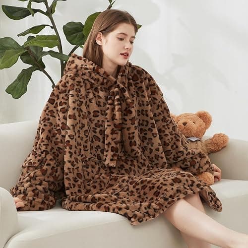 Softan Blanket Hoodie, Oversized Wearable Blanket for Adult Women and Men Gifts, Super Cozy Warm and Soft Hooded Blanket Sweatshirt, Brown Cheetah Print Faux Fur Blanket Sweatshirt with Large Pocket thumbnail 9