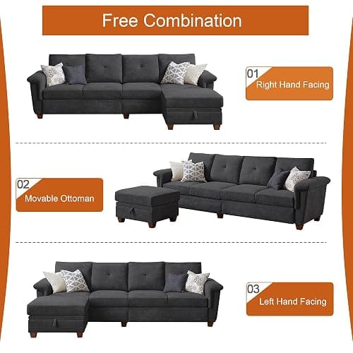 Pingliang Home 4-Seat Sectional Couches for Living Room, Bedroom, Office, L Shape Convertible Sectional Sofa Couch with Ottoman and Cup Holders, Dark Grey thumbnail 7
