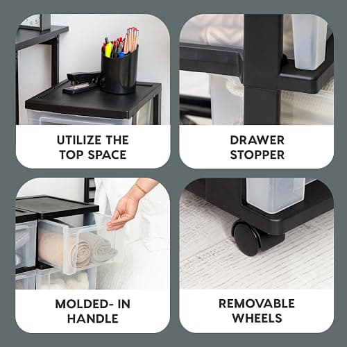 IRIS USA Plastic 3-Drawer Storage Organizer Rolling Cart, with Wheels Casters, 2-Pack, for Classroom Art Supplies Dresser Closet Bathroom Dorm Bedroom Laundry Room, Slim Narrow, Black/Clear - 3 Drawer w/Wheels - Black thumbnail 4