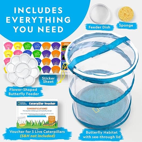National Geographic Butterfly Growing Kit - Butterfly Habitat Kit with Voucher to Redeem 5 Caterpillars (S&H Not Included), Butterfly Cage, Feeder, Easter Basket Gifts for Kids thumbnail 4