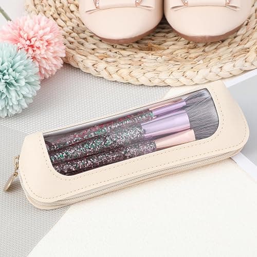 Clear Makeup Bag, Portable Transparent Cosmetic Organizer, PU Leather Makeup Brush Holder, Waterproof Travel Toiletry Pouch with Zipper for Women, Slim Makeup Case for Home, Office, Travel(Beige) - Beige thumbnail 6