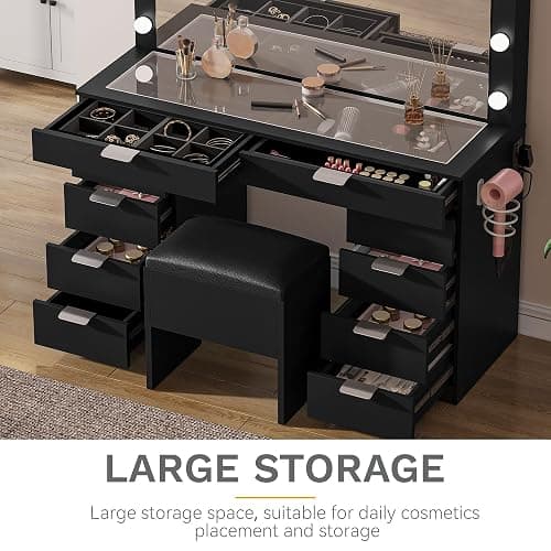 DWVO Glass Top Makeup Vanity Desk, 46" Vanity Set with Mirror and Lights, 10 Storage Drawer, Power Outlet, Chair, Makeup Table Set with Magnifying Glass thumbnail 4