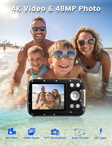 YEEIN Underwater Camera 4K 48MP Autofocus Selfie Dual Screen Waterproof Camera with Floating Strap and 32GB Card, 17FT Compact Waterproof Digital Camera, Fill Light Underwater Camera for Snorkeling thumbnail 2