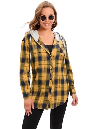 Women's Plaid Flannel Shirts Hoodie Long Sleeve Oversized Shirt Jacket Button Down Blouse Tops thumbnail 5