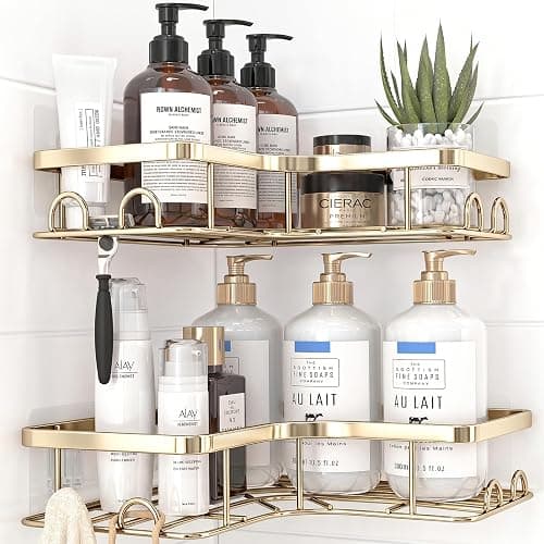 Kitsure Corner Shower Caddy, Rustproof Bathroom Shelves, Large, Gold | 2 Pack Corner Shower Shelf with 4 Hooks, Drill-Free Adhesive Mount, Large Capacity Bathroom Storage, Quick Drain & Durable - Image 1