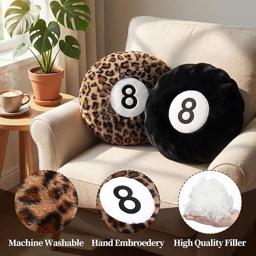 Yousoontic 2 Pcs Black and Cheetah 8 Ball Throw Pillow 14" Leopard Print 8 Ball Pillow Round Plush Decorative Cushion, Soft Trendy Throw Pillows for Bedroom Living Room Decor thumbnail 2
