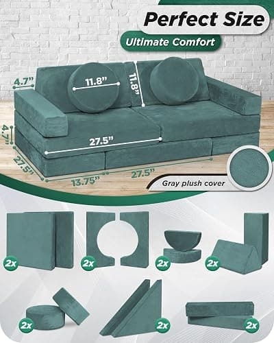 Lunix LX15 14pcs Modular Kids Play Couch, Design-Patent Child Sectional Sofa, Fort-Play Bedroom Playroom Furniture for Toddlers, Convertible Foam, Washable Covers, Oeko-TEX & CertiPUR-US, Sage Teal thumbnail 2