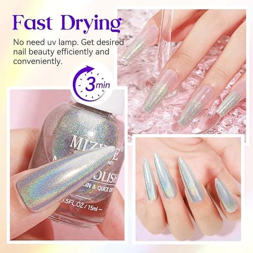 MIZHSE Holographic Nail Polish, Silver Glitter Nail Polish Air Dry Fast, 15 ml 0.5 fl oz High Glossy Shiny Nail Pigment Oil-based Laser Iridescent Nail Lacquer Chrome Halo Nail Art Salon Manicure Home thumbnail 4