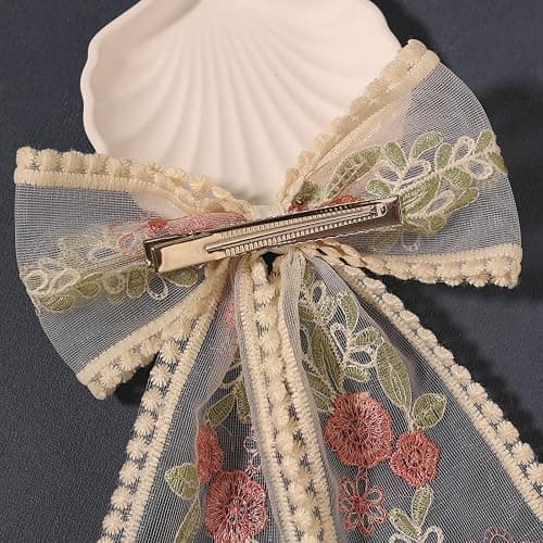 LFOUVRE Beige Lace Hair Bows with Embroidered Flowers - Bowknots, Barrettes, and Hair Clips with Long Tails for Women (3pcs) thumbnail 7
