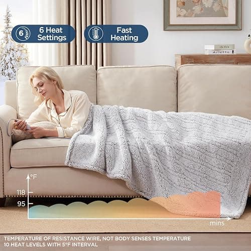 Westinghouse Electric Blanket Throw Size, Soft Plush Sherpa Heated Blanket with 6 Heating Levels & 2-10 Hours Auto-Off, Machine Washable, 50x60 inches, Grey thumbnail 5