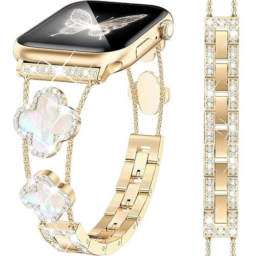 MOINSPIRE Gold Bling Diamond Clover Bands Women Compatible with Apple Watch 40mm 38mm 41mm 42mm(S10) Lucky Cute Sparkle Dressy Bracelet Metal Strap for iWatch Series SE/10/9/8/7/6/5/4/3/2/1 - A1 Gold/Iridescent - 41/40/38/42mm(Series 10)
