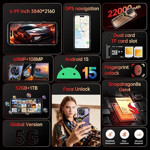 MMY 32+1TB Rugged Armor Unlocked Cell Phone,Smartphone 6.99" HD 68+108MP Night Vision photography22000mAh AI Unlocked Phone,Face ID/Fingerprint Unlock/Underwater-Night-Photo/Dual SIM/5G/NFC(Blue) thumbnail 8
