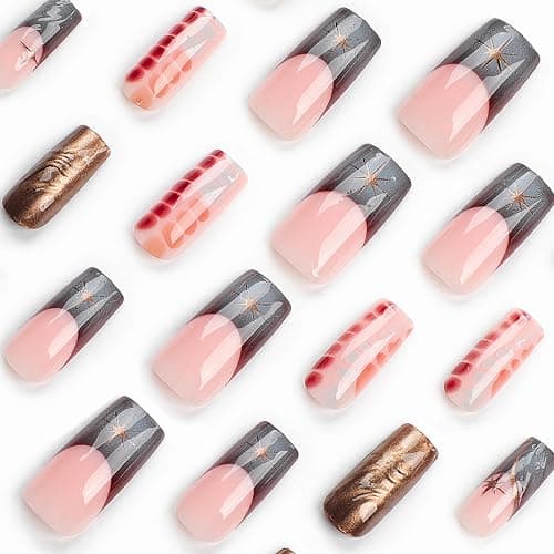 BABALAL Square Press-on Nails - Long Fake Nails with French Tip, Glue-on with 3D Water Wave Designs, Squoval Tips - 24pcs Set of Brown Chrome Acrylic False Nails Y2k Style for Women and Girls thumbnail 4