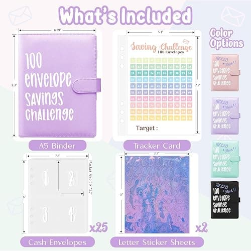 Axolotl 100 Envelopes Money Saving Challenge Binder, A5 Savings Budget Challenges Binders with Cash Envelopes, 100 Days Envelope Saving Binder Book, Budget Planner (Matt Purple) thumbnail 2