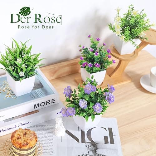 Der Rose 4 Pack Small Fake Plants Mini Artificial Faux Plants Indoor with Flowers Spring Decorations for Home Room Farmhouse Desk House Bathroom Decor thumbnail 5