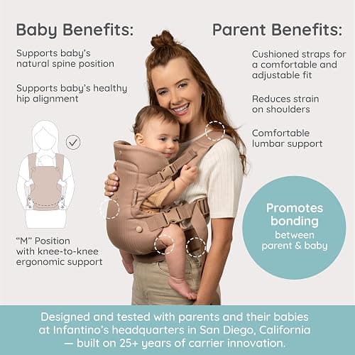 Infantino Flip Luxe 4-in-1 Baby Carrier Ergonomic 7-35 lbs, Affogato | Updated Lumbar Support, Premium Herringbone Fabric, Elevated Accents, for On-the-Go Parenting, for Infants to Toddlers thumbnail 4