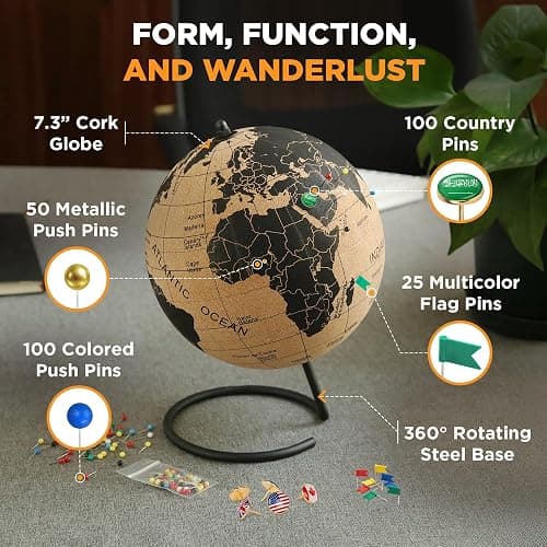 Cork Globe with Push Pins - 9.4” Globe with Map of the World and Rotating Stand for Children or Adults, 100 Metallic and 100 Colored Push Pins - World Map for Home, Office, Classroom, Travel, Kids thumbnail 3