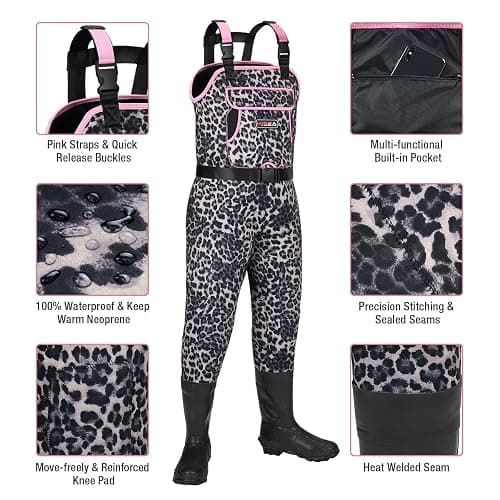 HISEA Womens Chest Waders, 4.5mm Neoprene Leopard Hunting Wader for Women with Insulated Boots, Waterproof Fishing Waders thumbnail 2