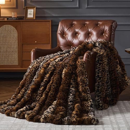 RYNGHIPY Faux Fur Blankets for Couch Bed Fluffy Warm Thick Throw Blanket for Bedroom Living Room Soft Cozy Plush Decorative Bubble Furry Blanket Cheetah Print Blanket (Leopard-Coffee, 51''x63'') - Image 1