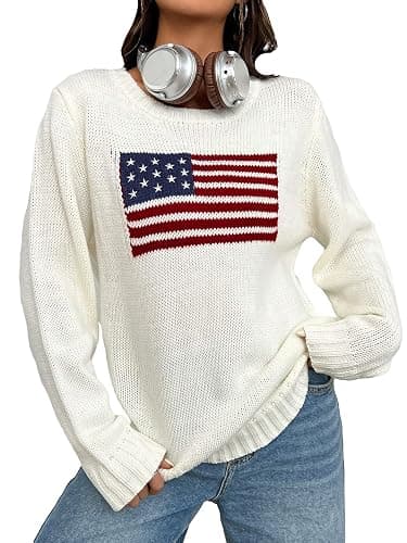SweatyRocks Women's Flag Pattern Long Sleeve Round Neck Sweater Casual Loose Pullover Sweater - Image 1