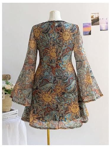 BEAUDRM Women's Y2k Plus Size Hippie Vintage Boho Dress Leopard Bell Long Sleeve V Neck Bow Mesh Fall Mini Dresses thumbnail 2