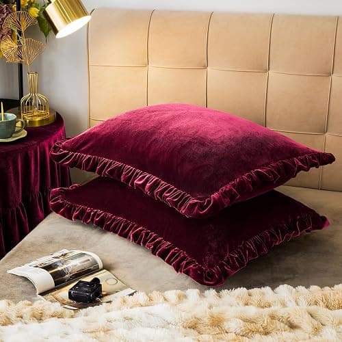 GLORY SEASON Velvet Pillow Shams Set of 2 Retro Ruffle Flounces Trim Soft Decorative Luxurious Solid Amaranth Farmhouse Vintage Pillow Cases for Bedroom Decor Standard 20x26 Inch thumbnail 5