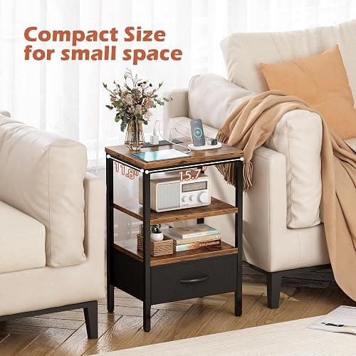 SUPERJARE Nightstand with Charging Station, Bed Side Table with Adjustable Fabric Drawer, Night Stand for Bedroom, 3-Tier Storage End Table, for Living Room, Rustic Brown and Black thumbnail 7