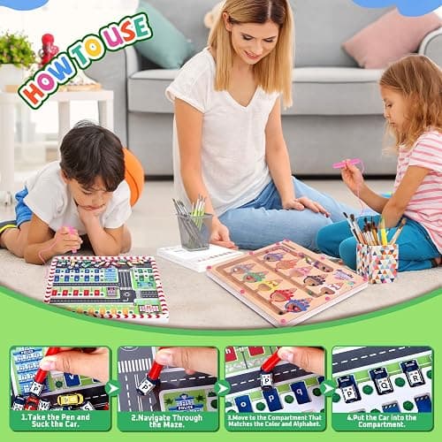 wakeInsa 2 in 1 Magnetic Color and Number Maze,Montessori Toy for 3-6 Years Old,Wooden Magnet Balls Puzzles,Toddler Busy Board Game,Preschool Learning Activities,Christmas & Birthday Gift for Kids - Magnet Toys - Ice Cream + Parking Lot thumbnail 6