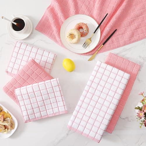 Homaxy Premium Cotton Kitchen Towels 16"x 28", Large Natural Ring Spun 390 GSM Dish Towels, Super Absorbent Terry Kitchen Hand Towels, Soft Tea Towels with Hanging Loop, Pink Check Design, 6 Pack thumbnail 2