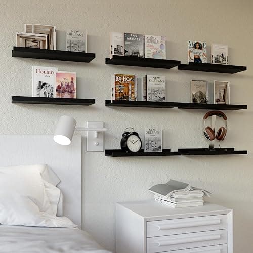RICHER HOUSE 8-Set Floating Shelves with Lip, Black Wall Mounted Wood Shelf | Display Picture Ledge Shelf, Anti-drop lip Shelf for Room Wall Decor, Bedroom Bathroom Storage Nursery Hanging Book Shelves thumbnail 2