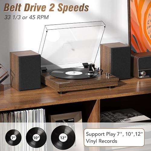 Vinyl Record Player with 24W HiFi Stereo Speakers Vintage Bluetooth Turnable for Vinyl Records with Belt Drive 2-Speed, Magnetic Cartridge RCA Output BT5.3 thumbnail 2