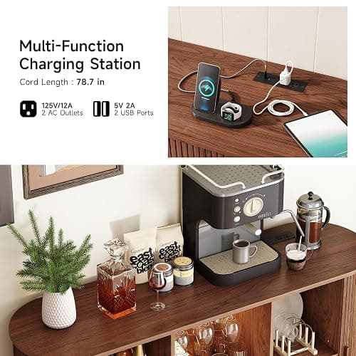 ONBRILL 55" Wine Bar Cabinet with LED Light,Modern Liquor Whiskey Coffee Station with Wine Rack and Glass Holder, Farmhouse Buffet Sideboard with Storage for Living Room, Kitchen, Entryway (Walnut) thumbnail 5