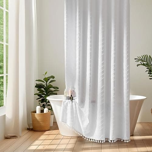 Siiluminisoy White Shower Curtain Fabric Boho Shower Curtain Cloth Textured Tufted Chevron Elegant Shower Curtains Waterproof for Bathroom 72" x 72" thumbnail 9
