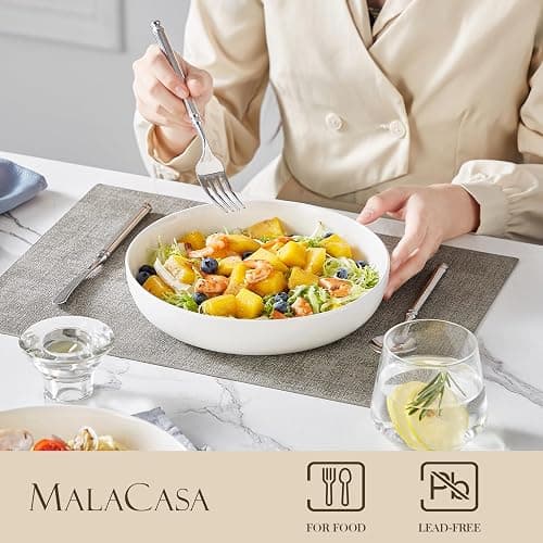 MALACASA 48 Oz Pasta Bowls Set of 4, 9 Inch Salad Bowls, White Ceramic Serving Bowls for Kitchen, Microwave & Dishwasher Safe, Series LUNA, White thumbnail 2