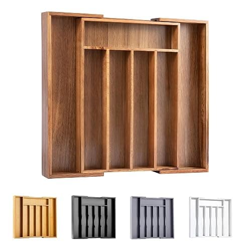 Bellsal Acacia Silverware Organizer Kitchen Drawer Organizer Expandable Bamboo Utensil Holder Cutlery Tray for Kitchen Utensil and Flatware Bedroom Office - Image 1