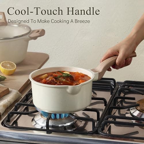 CAROTE 1.5Qt & 3.0Qt Sauce Pan Sets with Lid Cooking Pots Nonstick Saucepans Cookware Set with Pour Spout Small Kitchen Pot, Induction Comptable, Easy to Clean, PFOA FREE (White Granite) thumbnail 6