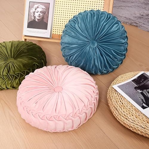 HIG Set of 2 Teal Ruched Velvet Round Throw Pillows – 14.5’’ Decorative Pillows with Soft Polyester Filling for Couch, Bed, Living Room, Bedroom, or Dorm – Handmade, Stress Relieving, All-Season thumbnail 8