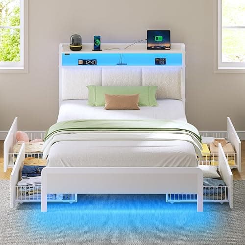 Rolanstar Bed Frame Twin Size with Charging Station and LED Lights, Upholstered Storage Headboard with Drawers, Heavy Duty Metal Slats, No Box Spring Needed, Noise Free, Easy Assembly, White thumbnail 2