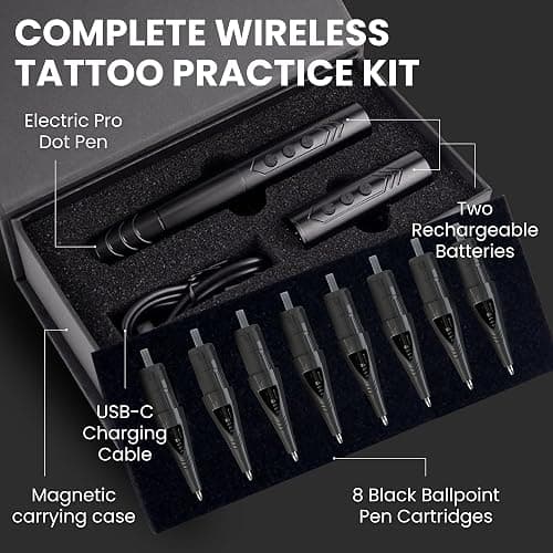 Tattoo Practice Pen by Inlumino Heart Ink – Wireless Rotary Dot Pen Machine with 8 Black Ballpoint Cartridges – Electric Tattoo Training Tool with 2 Batteries & Magnetic Carry Case thumbnail 3