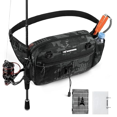 KastKing BaitSpace Waist Bag – Waterproof Tackle Storage Bag With Adjustable Belt, Fishing Fanny Pack for Men, Soft Bait Organizer, 3600 Utility Box, Rod Holder, Nylon - Image 1
