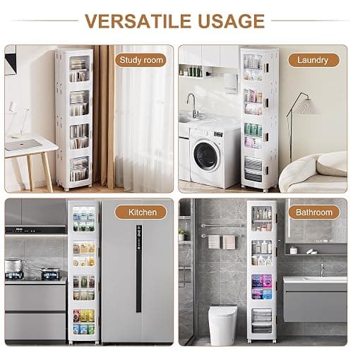 VECELO 4-Tier Tall Narrow Storage Cabinet with Movable Wheels, Adjustable Shelves, Anti-Tip, Slim, for Small Space, Bathroom, Kitchen, Laundry, White thumbnail 6
