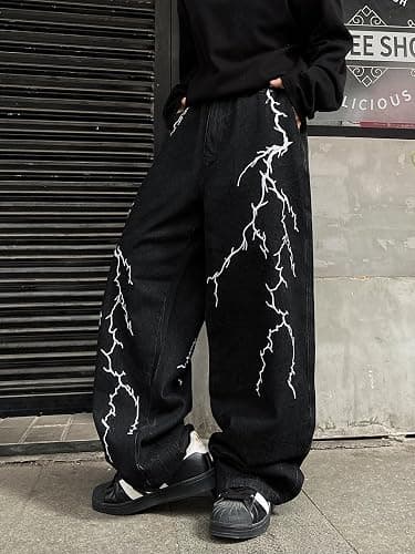 DFGIGT Men's Hip-hop Embroidered Baggy Jeans Loose Fit Denim Black Trousers thumbnail 4