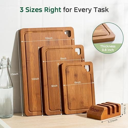 Vocvee Bamboo Cutting Boards for Kitchen(Set of 3), Wood Cutting Board with Wood Storage Stand, Charcuterie & Chopping Board for Vegetables and Meat, with Deep Juice Groove, Ideal Kitchen Gifts thumbnail 2
