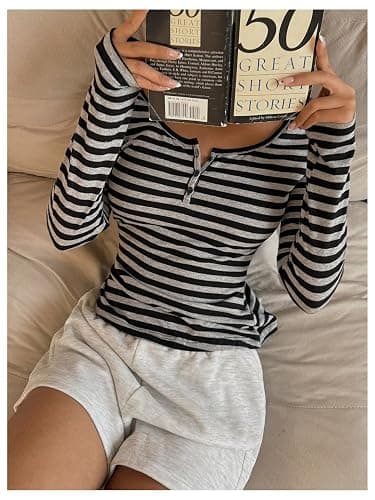 GORGLITTER Women's Striped Henley Shirts Scoop Neck Button Front Long Sleeve Tee Fitted Tops thumbnail 6