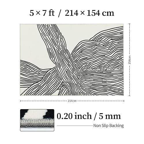 YIHOUSE 5×7Ft Area Rugs, Abstract Washable Rug, Modern Black and White Rug for Bedroom Living Room Dining Room Office Playroom Nursery, Nonslip Throw Non-Shedding Thin Contemporary Striped Rugs | Soft low-pile modern striped 5x7 rug with non-slip backing; machine washable for small living room, bedroom, nursery, office thumbnail 8
