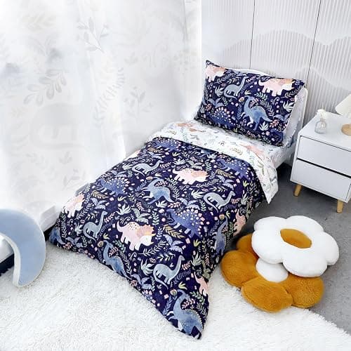 Pea Pod 4 Piece Dinosaur Toddler Bedding Set for Boys, Premium Blue Toddler Comforter Set Crib Sheets Set Includes Flat Top Sheet, Fitted Sheet, Comforter, Envelope Pillowcase,Ultra Soft thumbnail 2