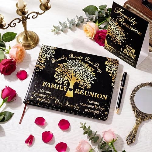 Tenceur Family Reunion Guest Book Heart, 112 Pages with Pen and Sign | Tree Design Memory Journal for Gathering, Black Gold Foil, Includes Table Stand and Writing Tool, Reunion Celebration thumbnail 7
