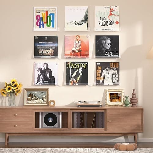 upsimples 6 Pack Clear Acrylic Shelves, 12" Nursery Bookshelves, Small Floating Bookshelf for Kids Baby, Vinyl Wall Mount, Record Holder, Magazine Rack, Comic Display, Picture Ledge Shelf Decor - 10 thumbnail 4