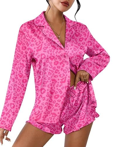 Ekouaer Womens Satin Pajama Sets Long Sleeve Top and Shorts Lounge Set Button Down Sleepwear - Image 1